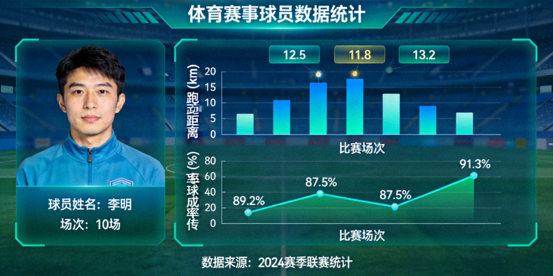 体育赛事数据分析图表 - 显示球员跑动距离、传球成功率等统计数据